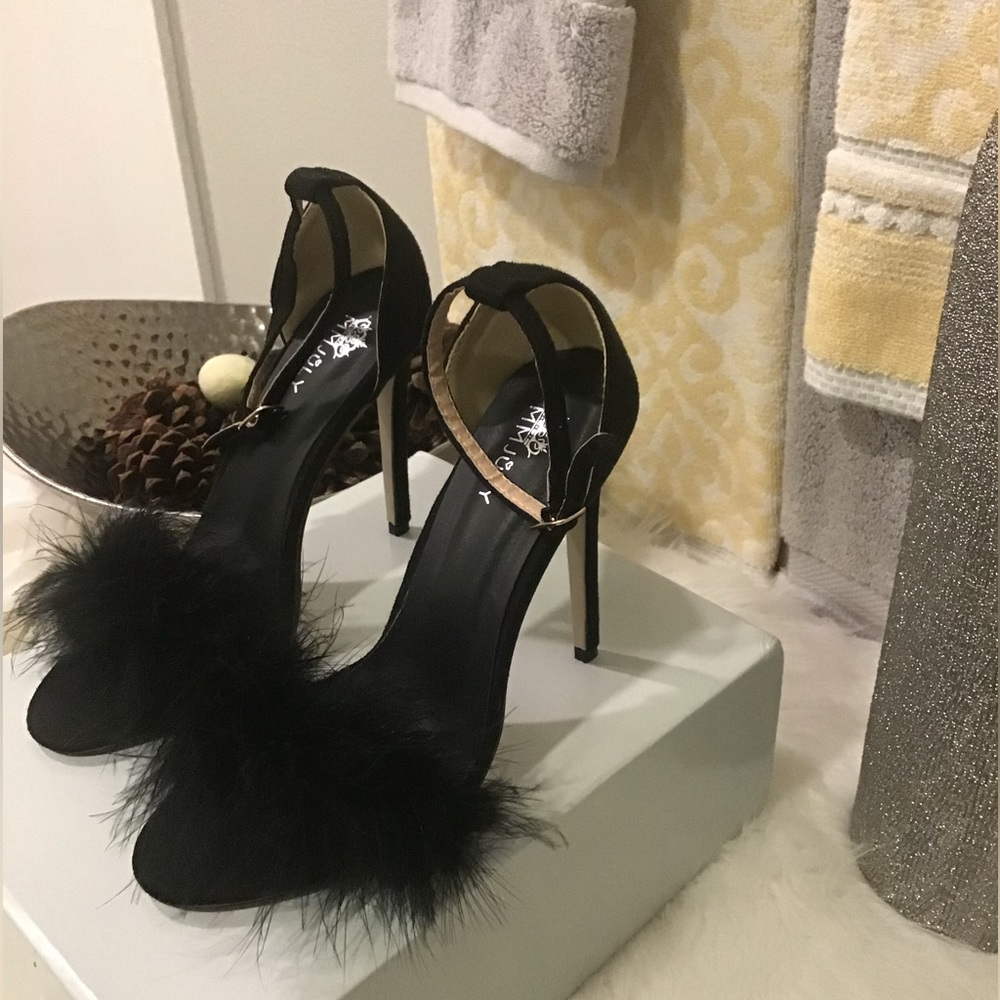 MMJULY Open Toe Ankle Strappy Fluffy Feather Stiletto High Heel